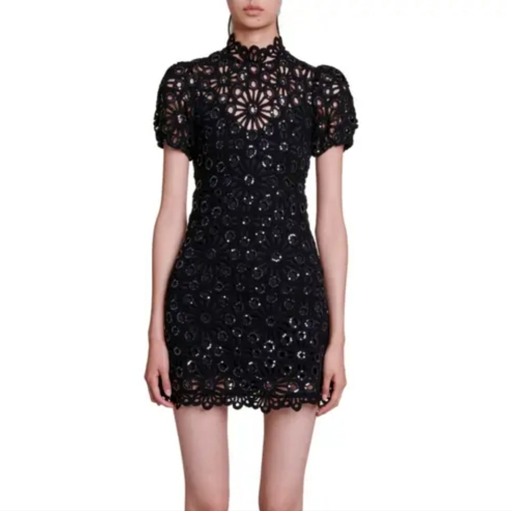 NWOT Maje Black Sequin & Crochet Backless Mini Cocktail Party Dress Size FR 42